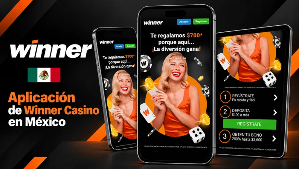 Aplicación móvil de Winner Casino mostrada en teléfonos y una tableta