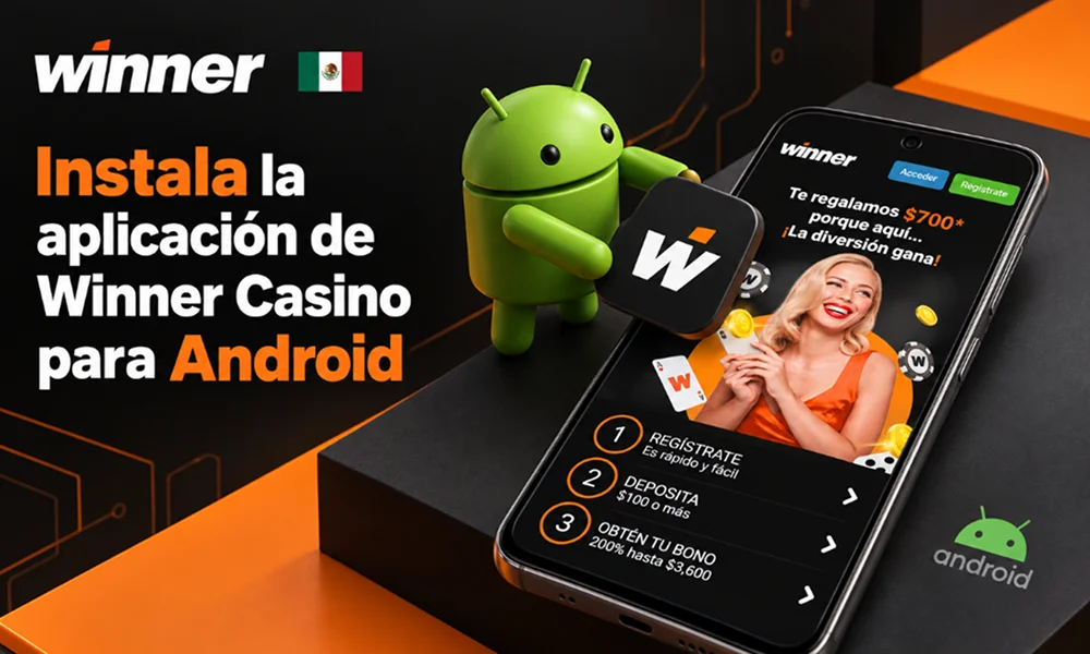 Winner Casino para Android con pantalla de registro y bono de bienvenida