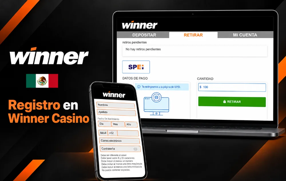 Registro en Winner Casino desde el móvil junto al panel de retiros SPEI