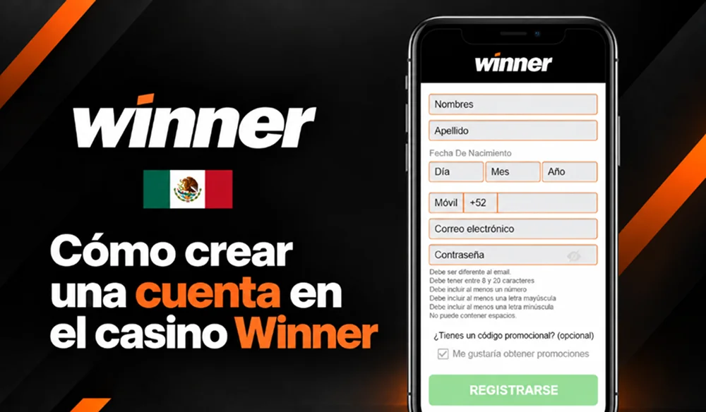 Formulario móvil para crear una cuenta nueva en el casino Winner